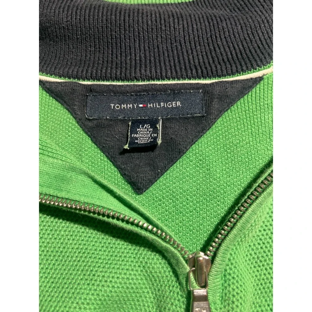 Tommy Hilfiger Mens SZ L 1/4 Zip Mock Neck Sweater Pullover Knit  Green Logo B9